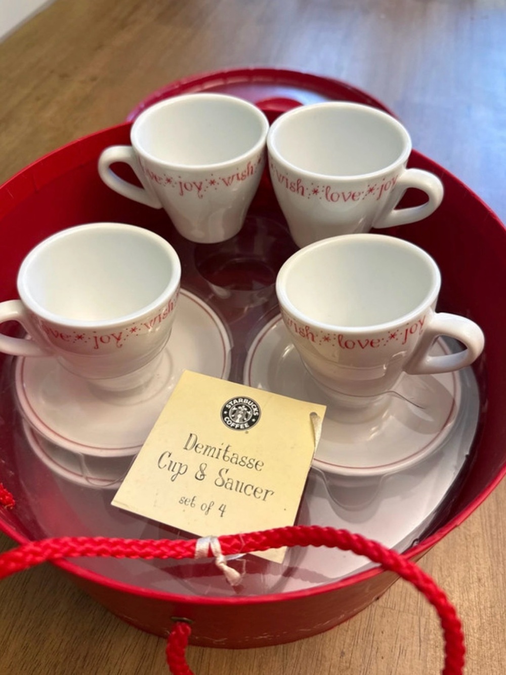 Starbucks White and Red Demitasse Cups & Saucers Set of 4